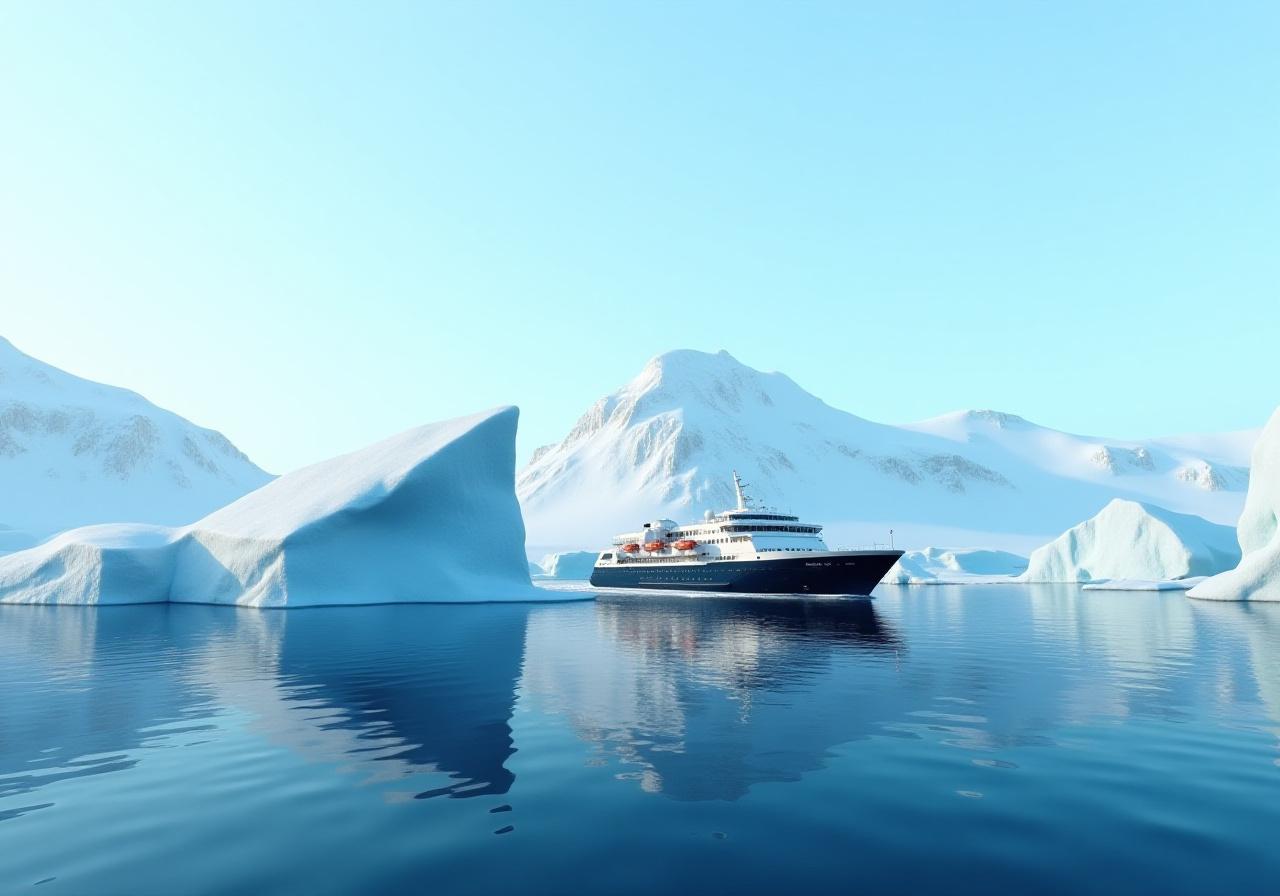 Expedition ship navigating through Antarctic icebergs